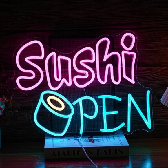 New Sushi Open Neon Sign – Dimmable LED Wall Decor Light USB Powered Open Sign